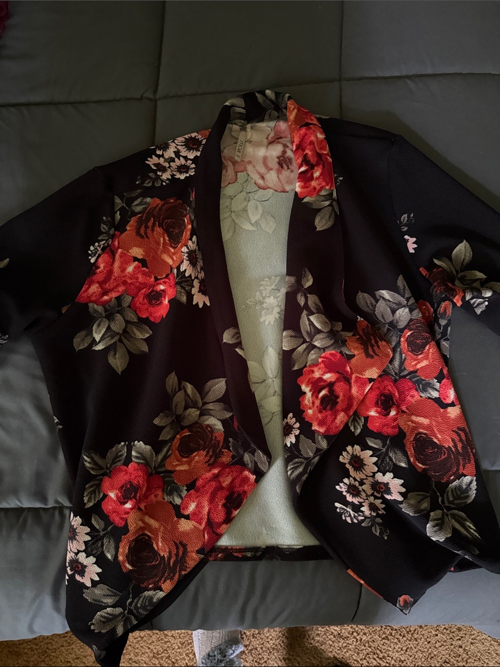 MOA USA Black Floral Open-Front Jacket with Red Rose Print
